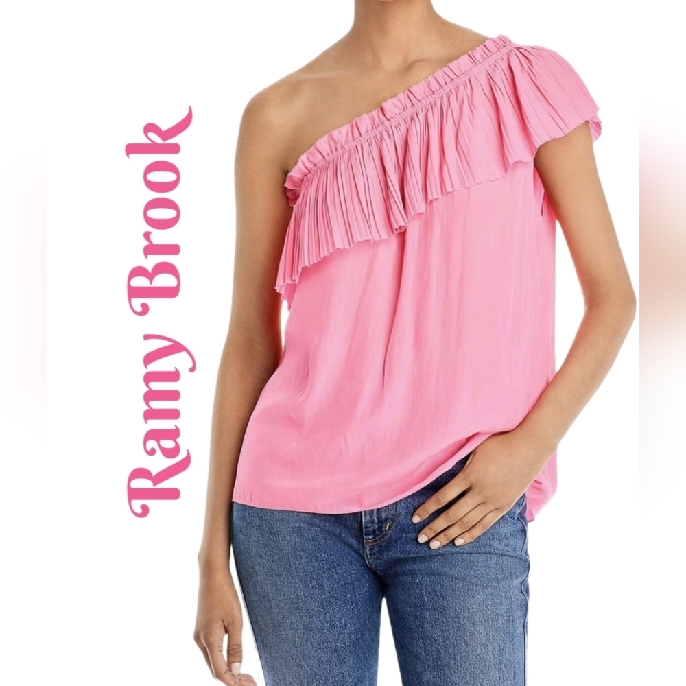 Ramy Brook Womens Top Sz S Pink Rose One Shoulder Ruffle Blouse Elastic Stretch